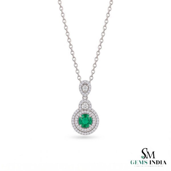 Eternal Round Natural Emerald Circle Pendant Double Halo Gold Pendant
