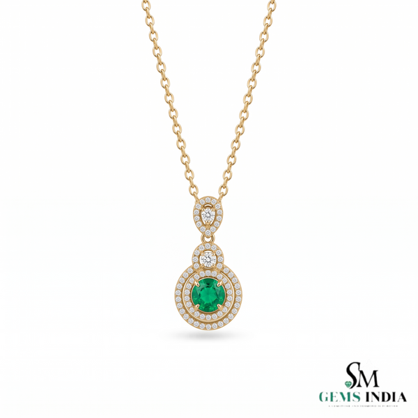 Eternal Round Natural Emerald Circle Pendant Double Halo Gold Pendant