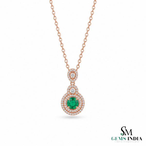 Eternal Round Natural Emerald Circle Pendant Double Halo Gold Pendant
