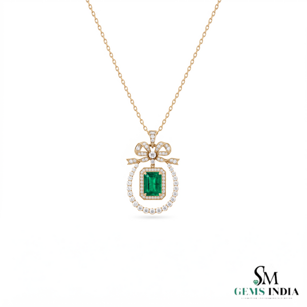 Vintage Style Emerald-Cut Emerald Bow Pendant Luxury Bow Diamond Pendant