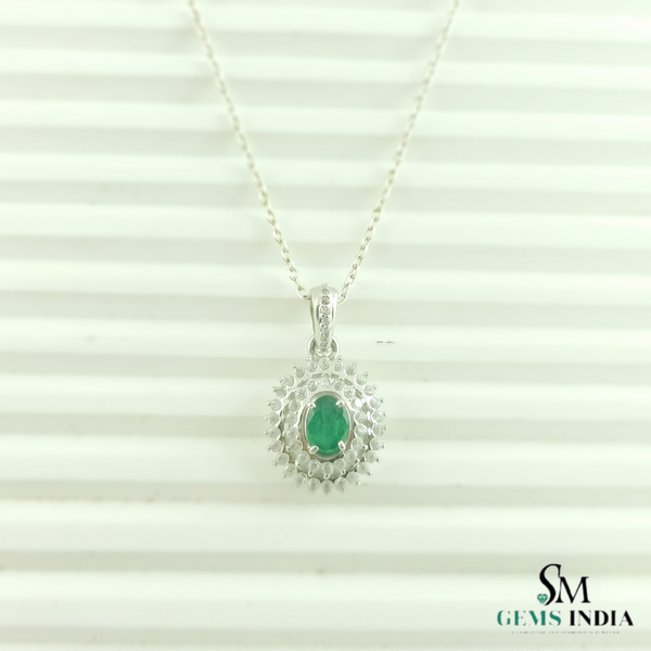 1 carat Vintage Style Oval Emerald Pendant with Diamond Halo in 14K Gold
