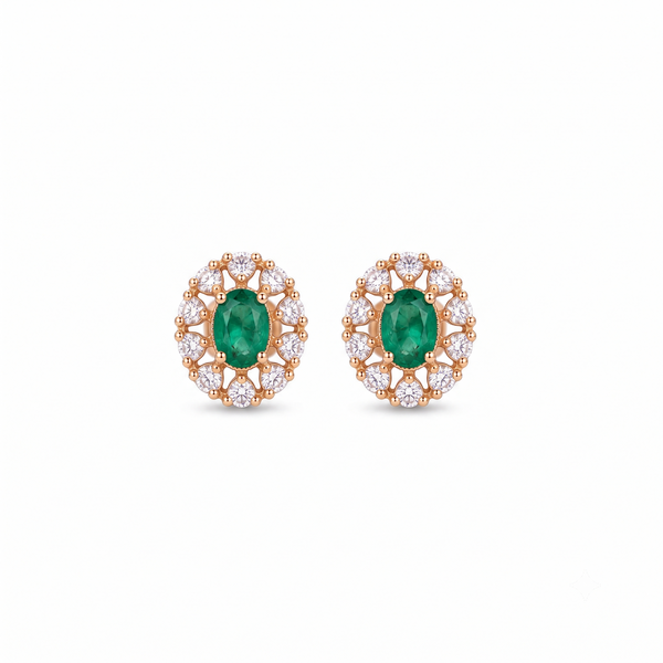 Oval Natural Emerald Stud Earrings 14k Gold Diamond Halo Earrings