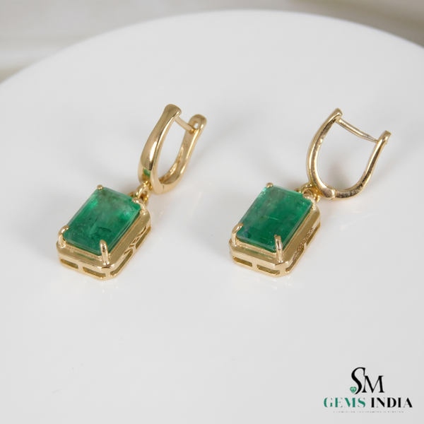 Emerald Cut Natural Emerald 14k Gold Dangle Earrings Diamond Halo Women Earring