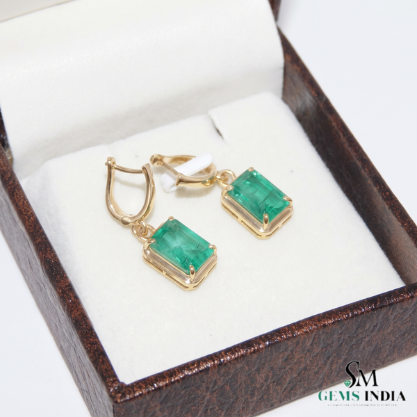 Emerald Cut Natural Emerald 14k Gold Dangle Earrings Diamond Halo Women Earring