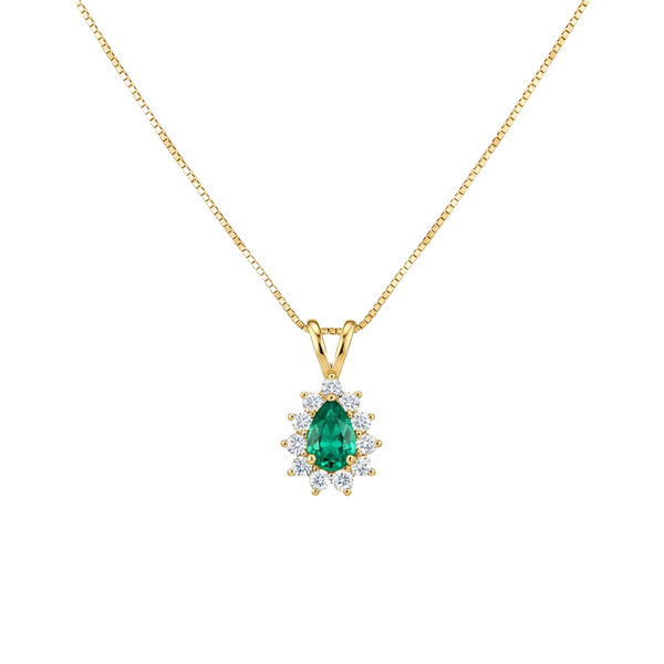Teardrop Natural Emerald and Diamond Halo Necklace May Birthstone Jewelry Gift