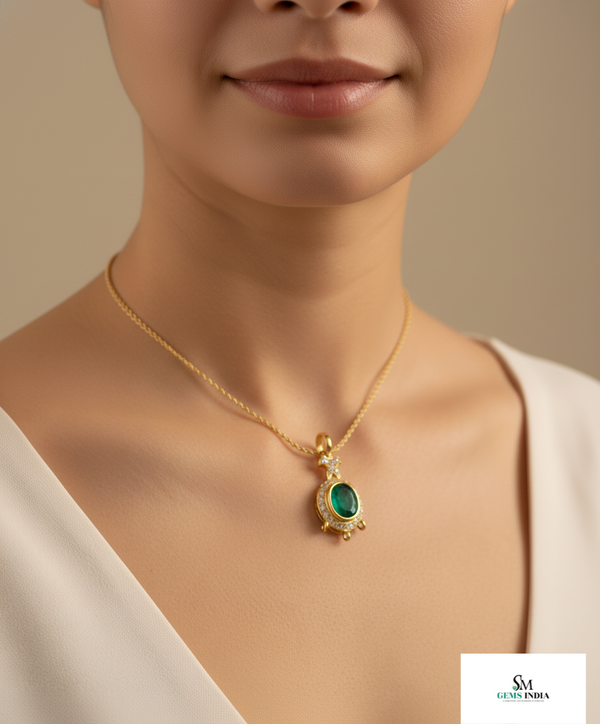 9.50 carat Royal Green Natural Emerald Necklace Diamond Accent Oval Pendant in 14k Gold