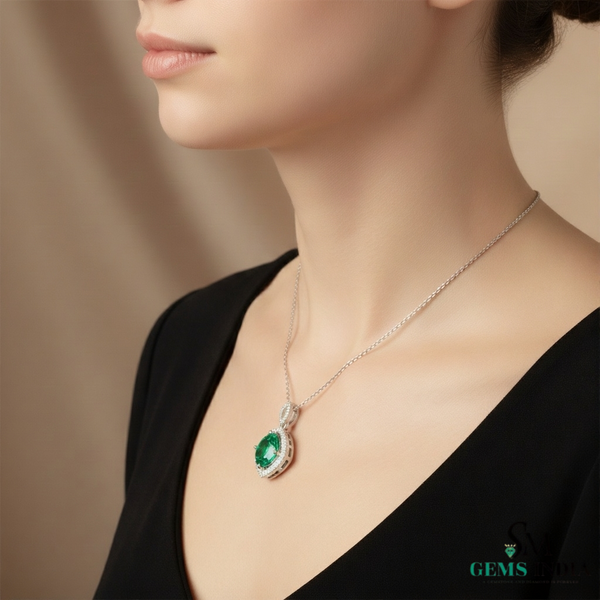 Round Emerald and Diamond Halo Pendant in 18K Gold May Birthstone Jewelry