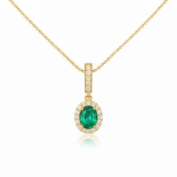 2 carat Oval cut 14K Gold Natural Emerald Halo Pendant with Dainty Diamond Accents