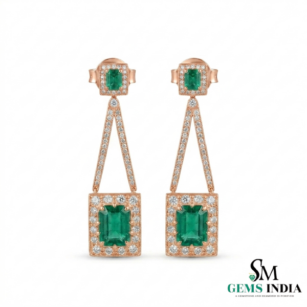Luxury Emerald cut Emerald and Diamond Dangle Earrings – 14K Gold Statement Jewelry