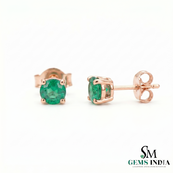 Round Cut Emerald Stud Earrings in 14K Gold Minimal - Fine Jewelry Gift for Women