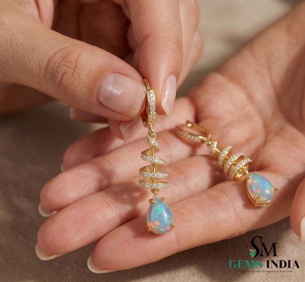 Pear Opal Drop Earrings with Diamond Spiral Design