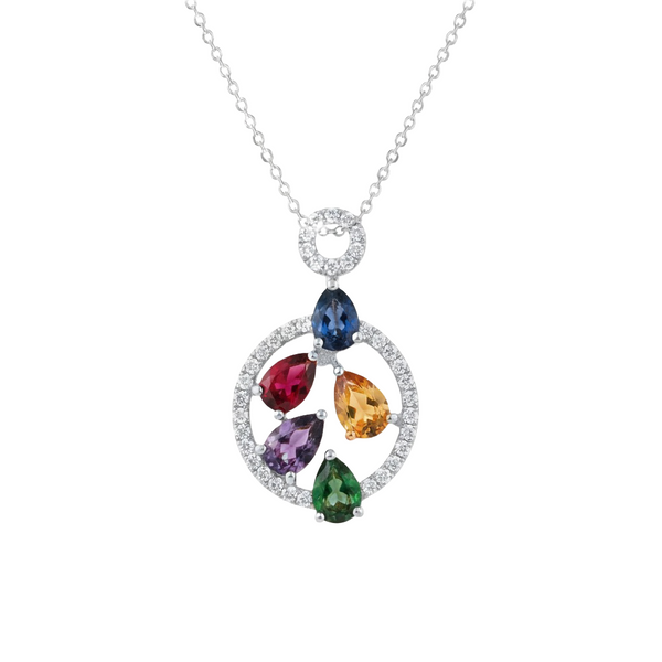 Multi Sapphires Rainbow Gemstone Pendant Pear Cut Multicolor Circle Pendant