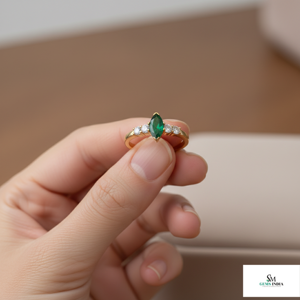 Marquise Cut Emerald and Diamond Ring in 14K Gold Elegant Gemstone Engagement Ring