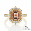 Emerald Cut Peach Morganite Ring with Diamond Halo Engagement Ring