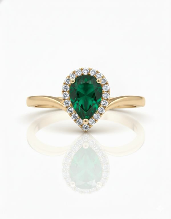 1.10 carat Pear Shape Natural Emerald And Diamond Engagement Ring in 14k Solid Gold Minimalist Fine Jewelry