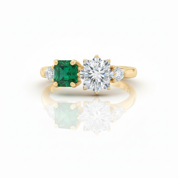 0.80 Carats Square Cut Natural Emerald And Round Diamond Engagement Ring Green Gemstone Two stone ring