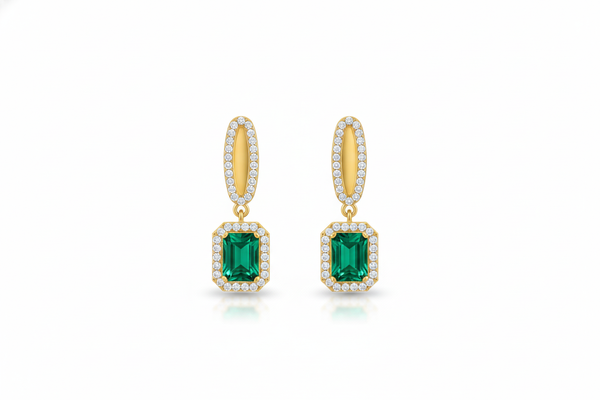 Royal Emerald cut Natural Emerald Halo Drops Earring– 14K Gold Dangle Elegance