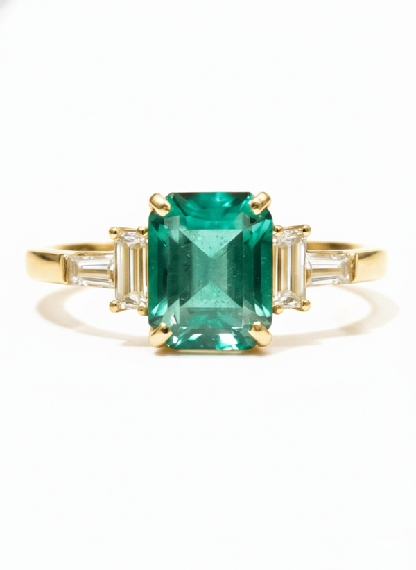 Timeless Emerald Cut Three-Stone Natural Emerald Ring with Baguette Diamonds in 14k Gold