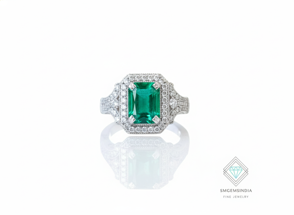 Emerald Cut Natural Emerald And Diamonds Vintage Split Band Ring in 14K Gold