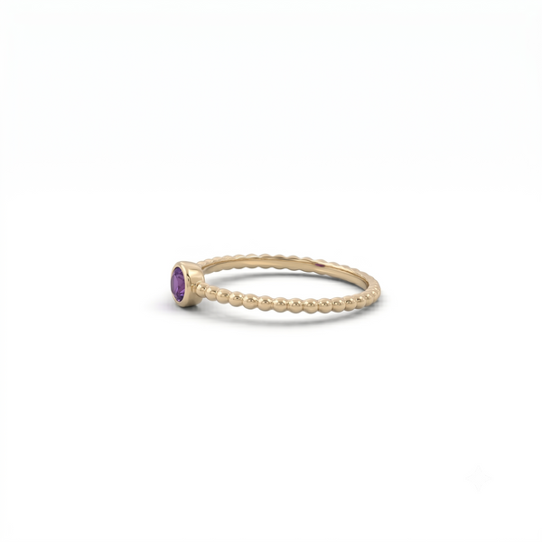 Dainty Amethyst Solitaire Ring with Beaded Band – February Birthstone Jewelry
