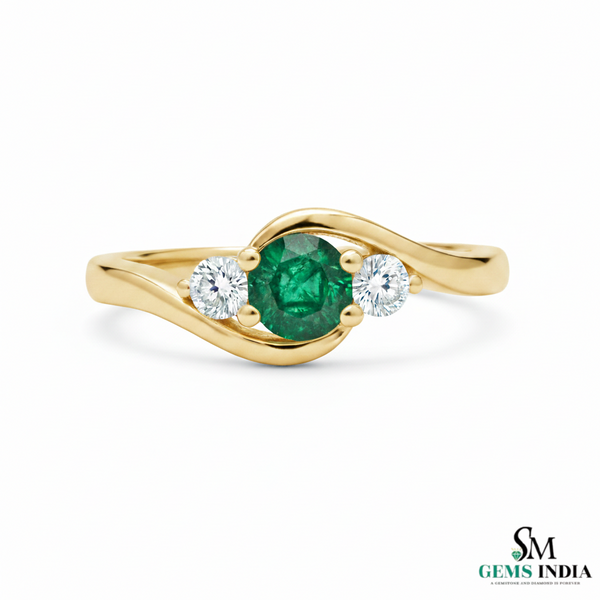 Round Natural Emerald Center Diamond Side Stone Curved Band Ring