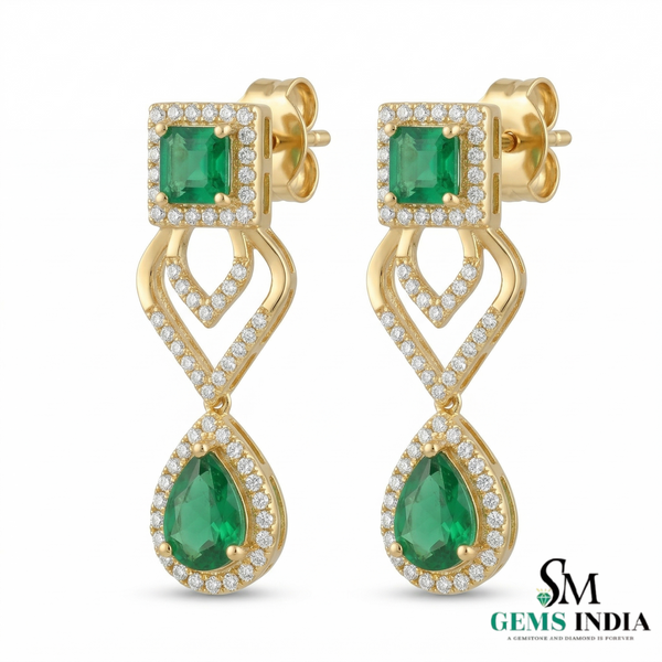 14K Gold Square Cut & Pear Emerald Diamond Dangle Earrings