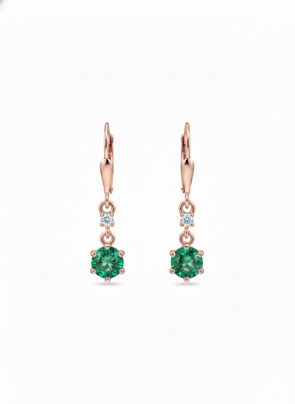 Round Natural Emerald & Diamond Drop Earrings in 14K Gold Dainty Lever back Design