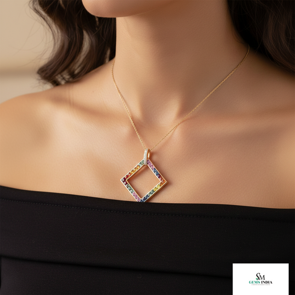 Rainbow Square Pendant in 18k Gold Multicolor Gemstone Charm