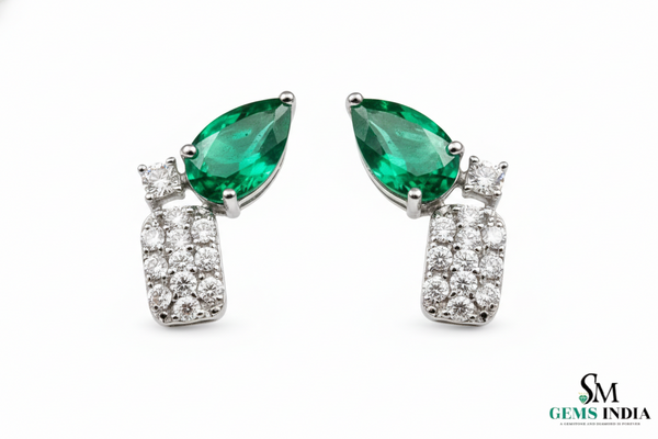 Pear Cut Emerald & Diamond Cluster Stud Earrings - Green Gemstone Jewelry