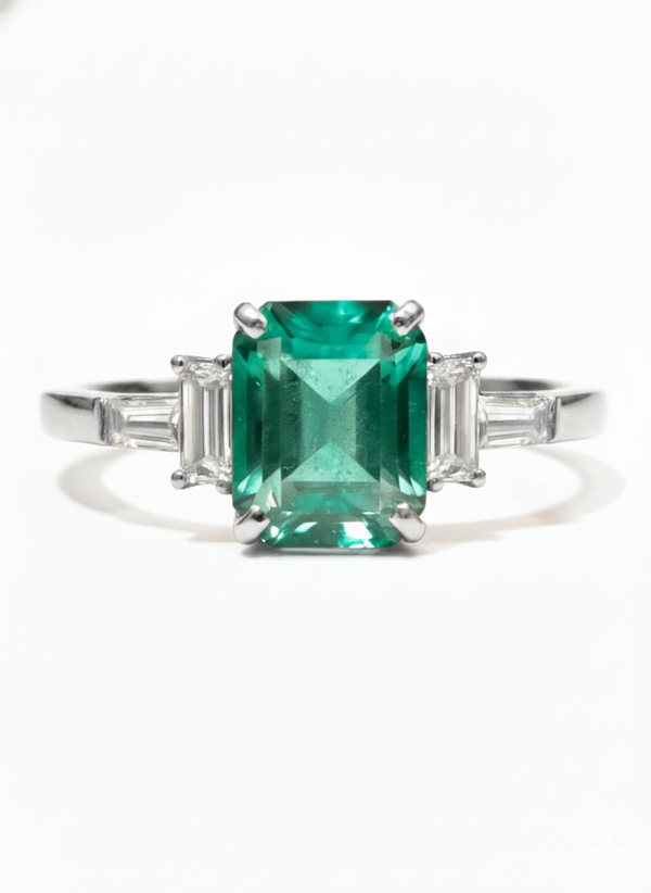 Timeless Emerald Cut Three-Stone Natural Emerald Ring with Baguette Diamonds in 14k Gold