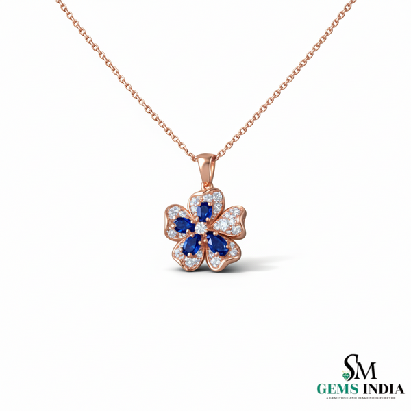 Floral Oval Blue Sapphire Diamond Flower Pendant - Engagement Gift For her