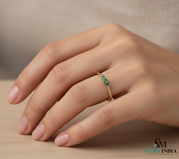 Round Three Emerald Gold Ring – May Birthstone Jewelry