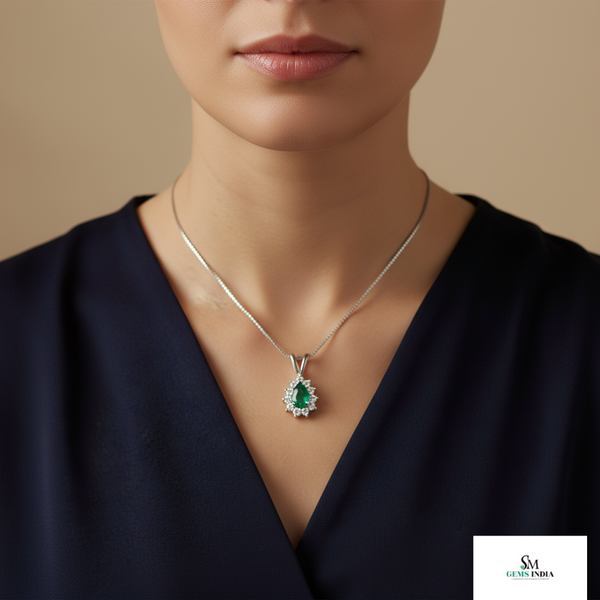 Teardrop Natural Emerald and Diamond Halo Necklace May Birthstone Jewelry Gift