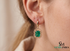 Gold Drop Earrings with Emerald cut Natural Green Stone & Sparkling Halo