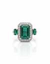 Emerald Cut and Oval Natural Emerald & Diamond Halo Ring 14K Gold Three Stone Design