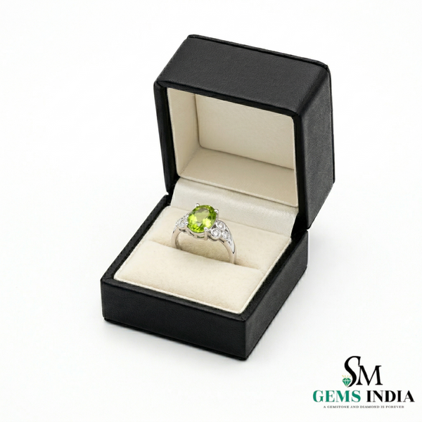Elegant Oval Green Peridot Ring with Diamond Side Cluster