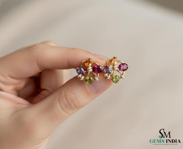 Luxury Multi-Stone Gold Stud Earrings with Diamond Accents