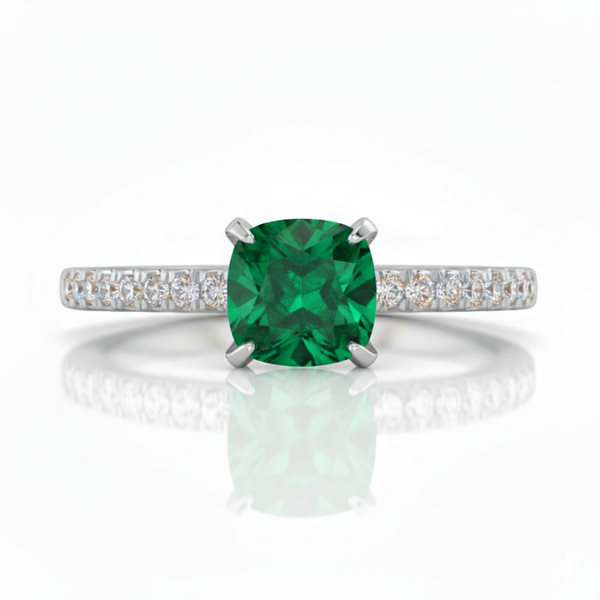 1.10 Carat Natural Emerald Cushion Cut Ring with Diamond Ring Engagement or Anniversary Ring