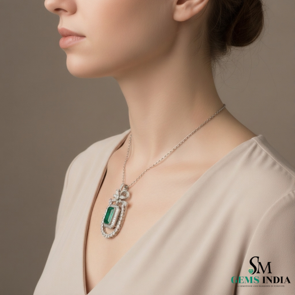 Vintage Style Emerald-Cut Emerald Bow Pendant Luxury Bow Diamond Pendant