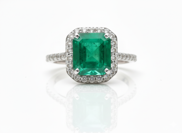 Emerald Cut Natural Emerald & Diamond Halo Promise Ring in 14K Gold 4.20 Carats Fine Jewelry