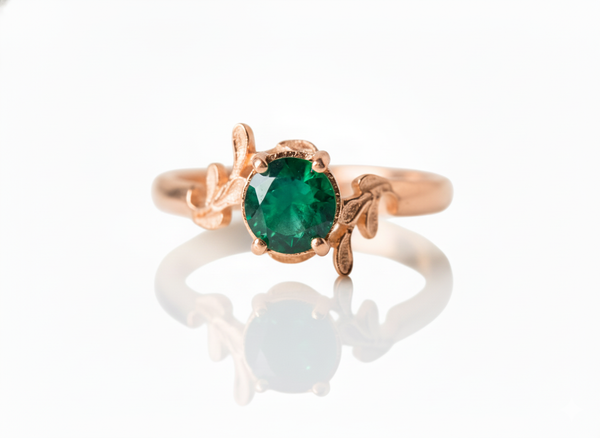 Natural Emerald Ring with Leaf Pattern Band Promise Ring in 14k Gold 1.10 carat Emerald Wedding RIng
