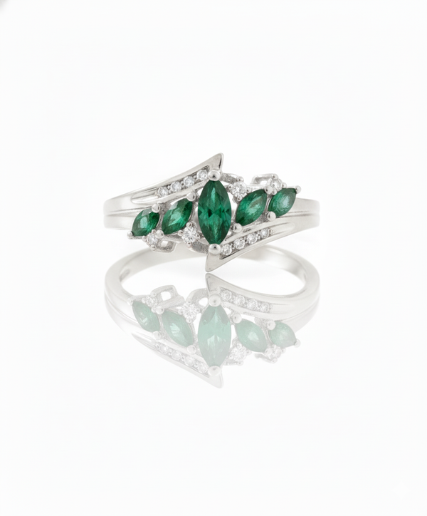 Marquise cut 1.40 carat Natural Emerald and Diamond Leaf Ring in 14k Gold
