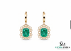 Gold Drop Earrings with Emerald cut Natural Green Stone & Sparkling Halo