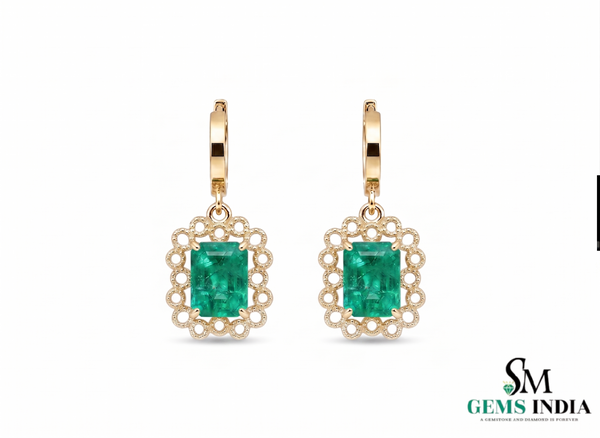 Gold Drop Earrings with Emerald cut Natural Green Stone & Sparkling Halo
