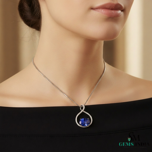 Elegant Oval cut Blue Tanzanite & Diamond Teardrop Pendant