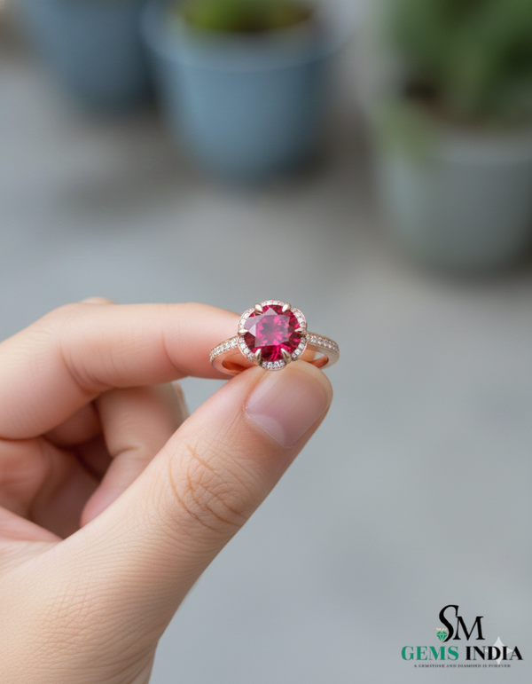 Round cut Natural Ruby Engagement Ring with Diamond Halo in 14k and 18k Gold