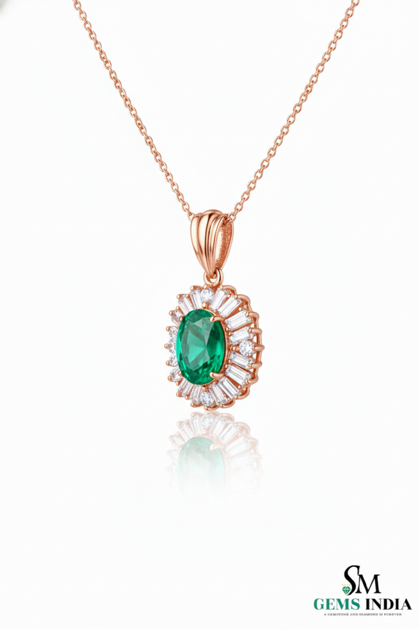 Oval Emerald & Diamond Halo Pendant - Vintage Sunburst Emerald Pendant