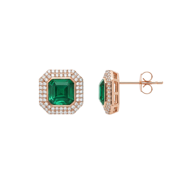 Elegant Octagon cut Natural Emerald Green Stud Earrings with Dazzling Halo