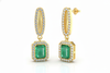 Royal Emerald cut Natural Emerald Halo Drops Earring– 14K Gold Dangle Elegance