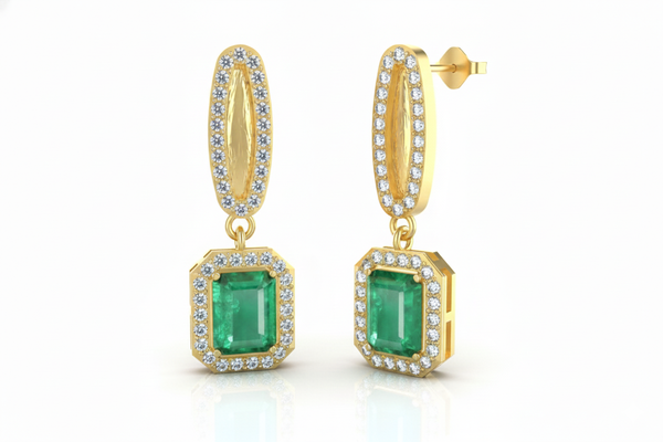 Royal Emerald cut Natural Emerald Halo Drops Earring– 14K Gold Dangle Elegance